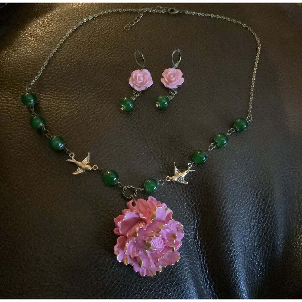 Shabby Chic Peony Bird Flower Necklace Earrings VTG Cottagecore Artisan French - Picture 4 of 9